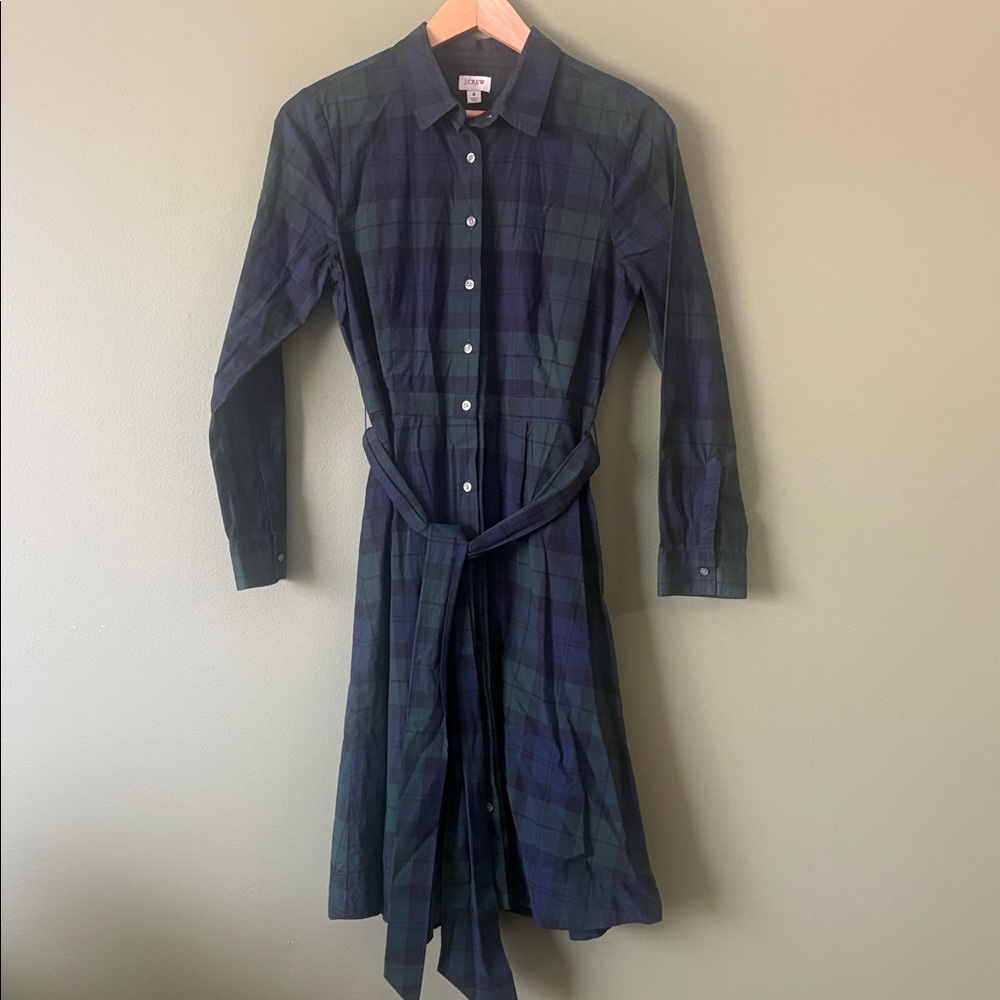 J. Crew Blackwatch Navy Black Green Long Sleeve Tie Shirt Dress Tartan Sz 8 - Picture 3 of 9